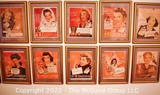 Framed Under Glass Collection of Hollywood Actresses' in Magazine Ads for Chesterfield and Lucky Strike Cigarettes. Each 14 x 18"