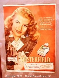 Framed Under Glass Collection of Hollywood Actresses' in Magazine Ads for Chesterfield and Lucky Strike Cigarettes. Each 14 x 18"