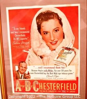 Framed Under Glass Collection of Hollywood Actresses' in Magazine Ads for Chesterfield and Lucky Strike Cigarettes. Each 14 x 18"