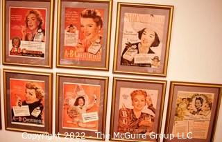 Framed Under Glass Collection of Hollywood Actresses' in Magazine Ads for Chesterfield and Lucky Strike Cigarettes. Each 14 x 18"