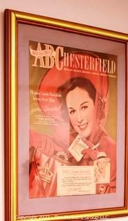 Framed Under Glass Collection of Hollywood Actresses' in Magazine Ads for Chesterfield and Lucky Strike Cigarettes. Each 14 x 18"