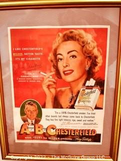 Framed Under Glass Collection of Hollywood Actresses' in Magazine Ads for Chesterfield and Lucky Strike Cigarettes. Each 14 x 18"