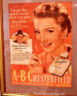 Framed Under Glass Collection of Hollywood Actresses' in Magazine Ads for Chesterfield and Lucky Strike Cigarettes. Each 14 x 18"