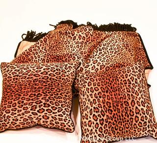 Group of Leopard Print Decorator Accent Pillows and Matching Throw.