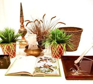 Group Of Decorative Items Including Mother Of Pearl Inlaid Tray, Tole Painted Planters And Faux Plants.