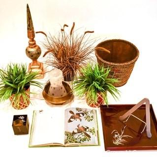 Group Of Decorative Items Including Mother Of Pearl Inlaid Tray, Tole Painted Planters And Faux Plants.