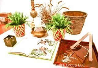 Group Of Decorative Items Including Mother Of Pearl Inlaid Tray, Tole Painted Planters And Faux Plants.