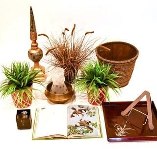 Group Of Decorative Items Including Mother Of Pearl Inlaid Tray, Tole Painted Planters And Faux Plants.