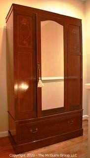 Antique Mahogany Armoire with Inlaid Satinwood, Ebony, Holly & Harwood Design. Beveled Mirror Door.  Two Pieces.  Measures 18 1/2" x 45"x 77".