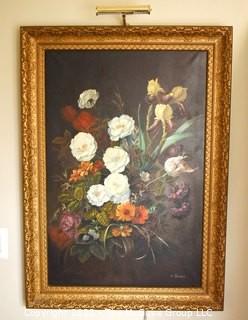 Vintage Gilt Framed Original Oil on Canvas Still Life of Flowers Signed by Artist with Brass Picture Light.  Measures 30" x 42".