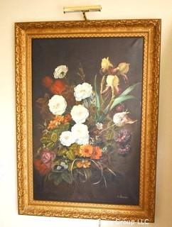 Vintage Gilt Framed Original Oil on Canvas Still Life of Flowers Signed by Artist with Brass Picture Light.  Measures 30" x 42".