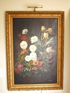 Vintage Gilt Framed Original Oil on Canvas Still Life of Flowers Signed by Artist with Brass Picture Light.  Measures 30" x 42".