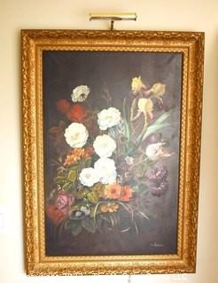 Vintage Gilt Framed Original Oil on Canvas Still Life of Flowers Signed by Artist with Brass Picture Light.  Measures 30" x 42".