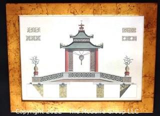 Framed Under Glass Hand Colored Engraving of Cathay Pagoda from "Designs from Traditional Chinese Buildings" by Sir William Chambers.  Measures 27" x 36".