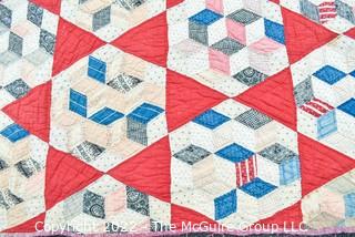 Vintage Red & White Hand Made Quilt in Mosiac Pattern. Measures 61" x 78" 0171SM