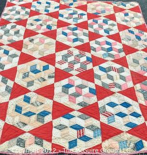 Vintage Red & White Hand Made Quilt in Mosiac Pattern. Measures 61" x 78" 0171SM