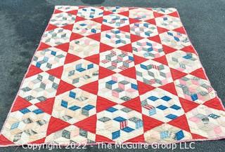 Vintage Red & White Hand Made Quilt in Mosiac Pattern. Measures 61" x 78" 0171SM