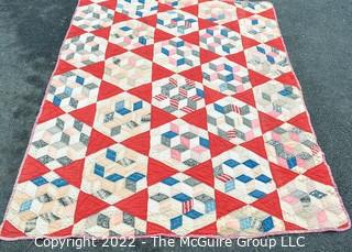 Vintage Red & White Hand Made Quilt in Mosiac Pattern. Measures 61" x 78" 0171SM