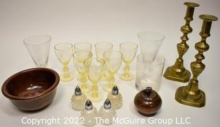 Antique Brass Push Up Candlesticks, Amber Depression Glass Cordials, Salt and Pepper Shakers and Wood Treenware Bowls.