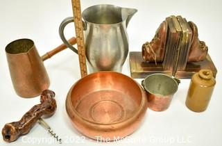 Copper Metal Ware, Pewter Pitcher, Baby Shoe Bookends, Burl Wood Bottle Opener and Small Stoneware Crock Jar.