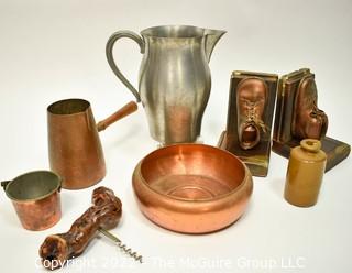 Copper Metal Ware, Pewter Pitcher, Baby Shoe Bookends, Burl Wood Bottle Opener and Small Stoneware Crock Jar.