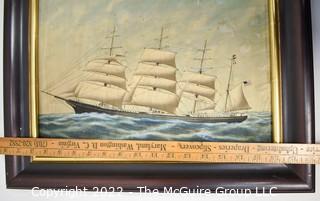 Antique Framed Painting on Silk of Four Mast Tall Ship.  Measures 16" x 27". 0076BE
