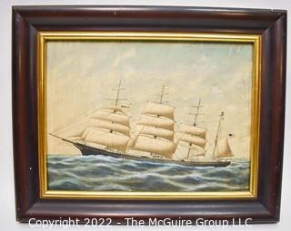 Antique Framed Painting on Silk of Four Mast Tall Ship.  Measures 16" x 27". 0076BE
