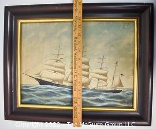 Antique Framed Painting on Silk of Four Mast Tall Ship.  Measures 16" x 27". 0076BE
