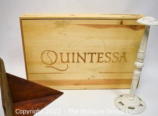 Vintage White Cast Metal Hat Stand, Quintessa Hinged Wooden Wine Box & Wooden Corner Shelf. 
