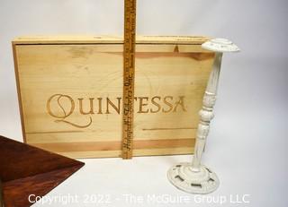 Vintage White Cast Metal Hat Stand, Quintessa Hinged Wooden Wine Box & Wooden Corner Shelf. 
