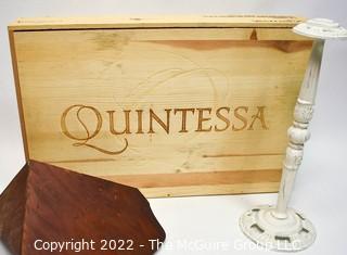 Vintage White Cast Metal Hat Stand, Quintessa Hinged Wooden Wine Box & Wooden Corner Shelf. 
