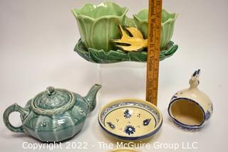 Group of Vintage Ceramic and Pottery Decorative Items Including McCoy Planter, Blue Teapot, Two Ramekin Bowls and Round Bird Votive. 
