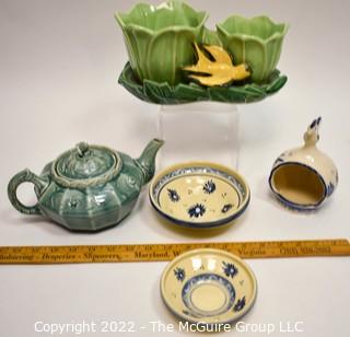 Group of Vintage Ceramic and Pottery Decorative Items Including McCoy Planter, Blue Teapot, Two Ramekin Bowls and Round Bird Votive. 
