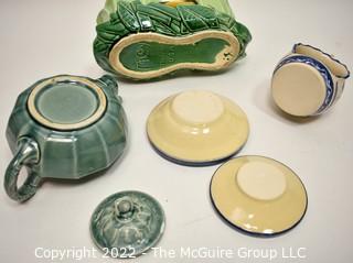 Group of Vintage Ceramic and Pottery Decorative Items Including McCoy Planter, Blue Teapot, Two Ramekin Bowls and Round Bird Votive. 
