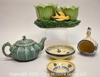 Group of Vintage Ceramic and Pottery Decorative Items Including McCoy Planter, Blue Teapot, Two Ramekin Bowls and Round Bird Votive. 
