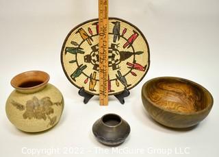 Stoneware Crock, Treenware Bowl, Native American Basket and Cherokee Indian Pottery “Bigmeat” N.C Incised Bowl.