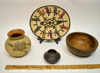 Stoneware Crock, Treenware Bowl, Native American Basket and Cherokee Indian Pottery “Bigmeat” N.C Incised Bowl.