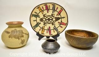 Stoneware Crock, Treenware Bowl, Native American Basket and Cherokee Indian Pottery “Bigmeat” N.C Incised Bowl.