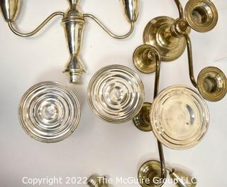 Two Pairs of Sterling Silver Weighted Three-Light Candelabras by Fisher and Webster. One pair is convertible. 0193VM