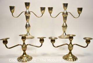 Two Pairs of Sterling Silver Weighted Three-Light Candelabras by Fisher and Webster. One pair is convertible. 0193VM