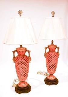 Pair of Asian Inspired Red Pierced Porcelain Table Lamps with Shades. Each measures 27" with shade.