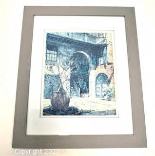 Framed Under Glass Print of Courtyard Scene.  Measures 13" x 16".