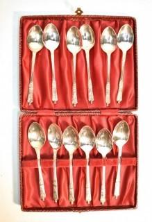 Set of Twelve (12) Silver Plated Demitasse Spoons in Presentation Box.  Unmarked. 