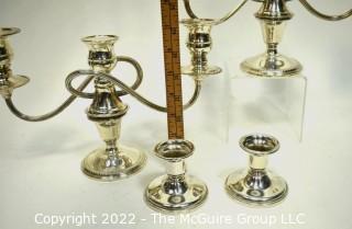 Two (2) Pair of Sterling Silver Weighted Three-Light Candelabras and Candle Sticks by Wm. Rogers.