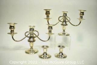 Two (2) Pair of Sterling Silver Weighted Three-Light Candelabras and Candle Sticks by Wm. Rogers.