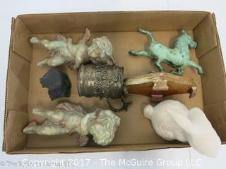 Collection including pair of cherubs, composition rabbit, and metal horse 