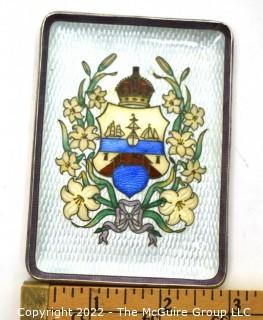 Vintage Enamel Painted Sterling Silver Tray with Coat of Arms or Crest.  Measures 3" x 4".  Weighs 121.7 grams.