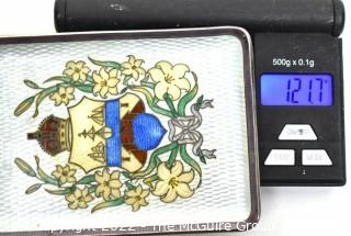 Vintage Enamel Painted Sterling Silver Tray with Coat of Arms or Crest.  Measures 3" x 4".  Weighs 121.7 grams.