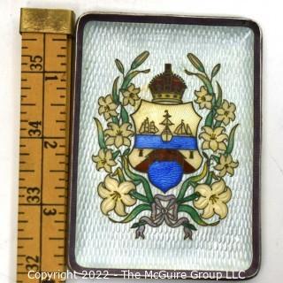 Vintage Enamel Painted Sterling Silver Tray with Coat of Arms or Crest.  Measures 3" x 4".  Weighs 121.7 grams.