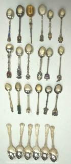 Collection of Vintage Souvenir Travel Spoons and Set of Silver Plate Tea Spoons. 